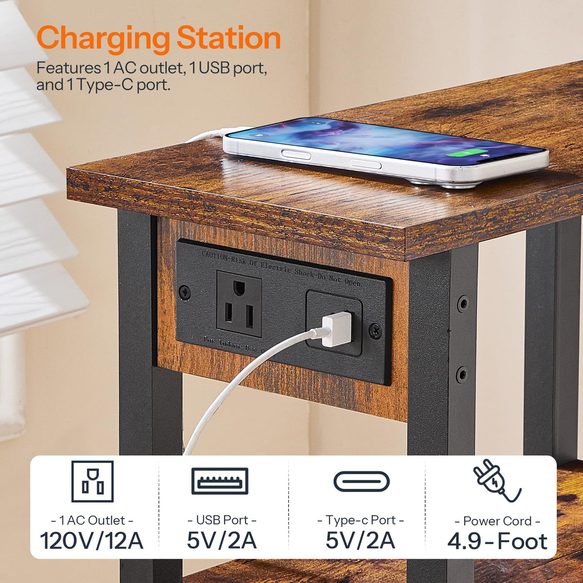 Narrow 3-Tier Side Table with Charging Station E96873