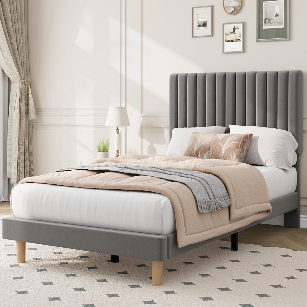 Twin Velvet Upholstered Platform Bed with Adjustable Headboard S1583