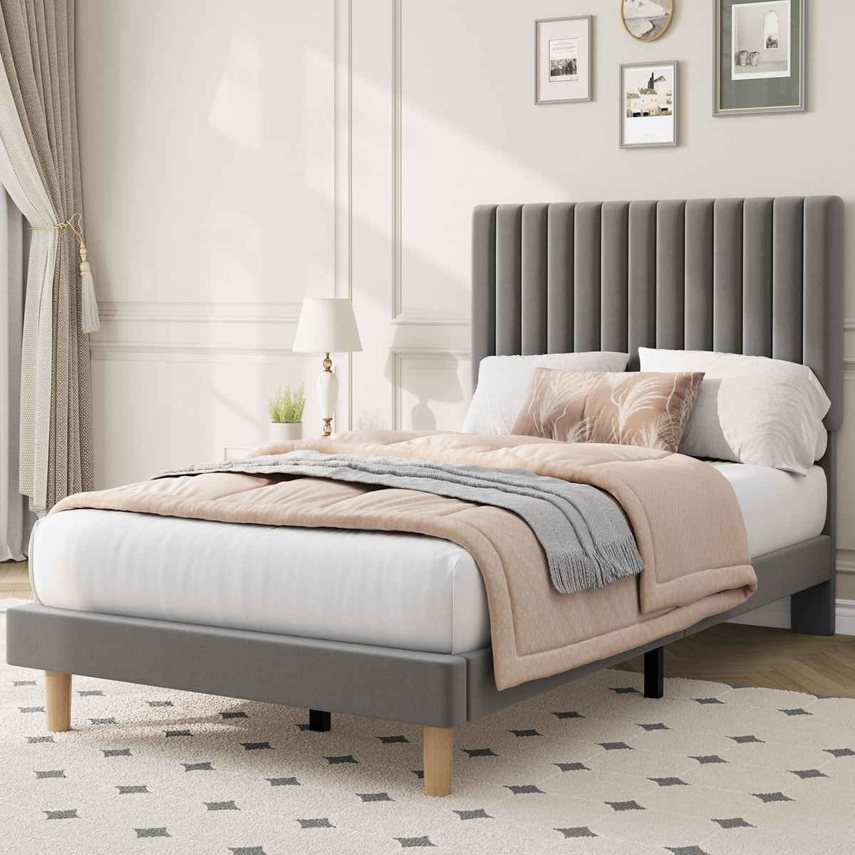 Twin Velvet Upholstered Platform Bed with Adjustable Headboard S1583