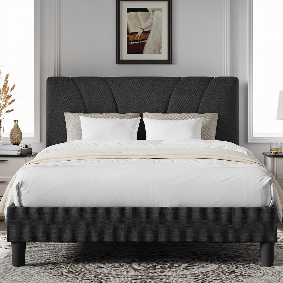 Queen Size Linen Upholstered Bed Frame with Headboard Q42383
