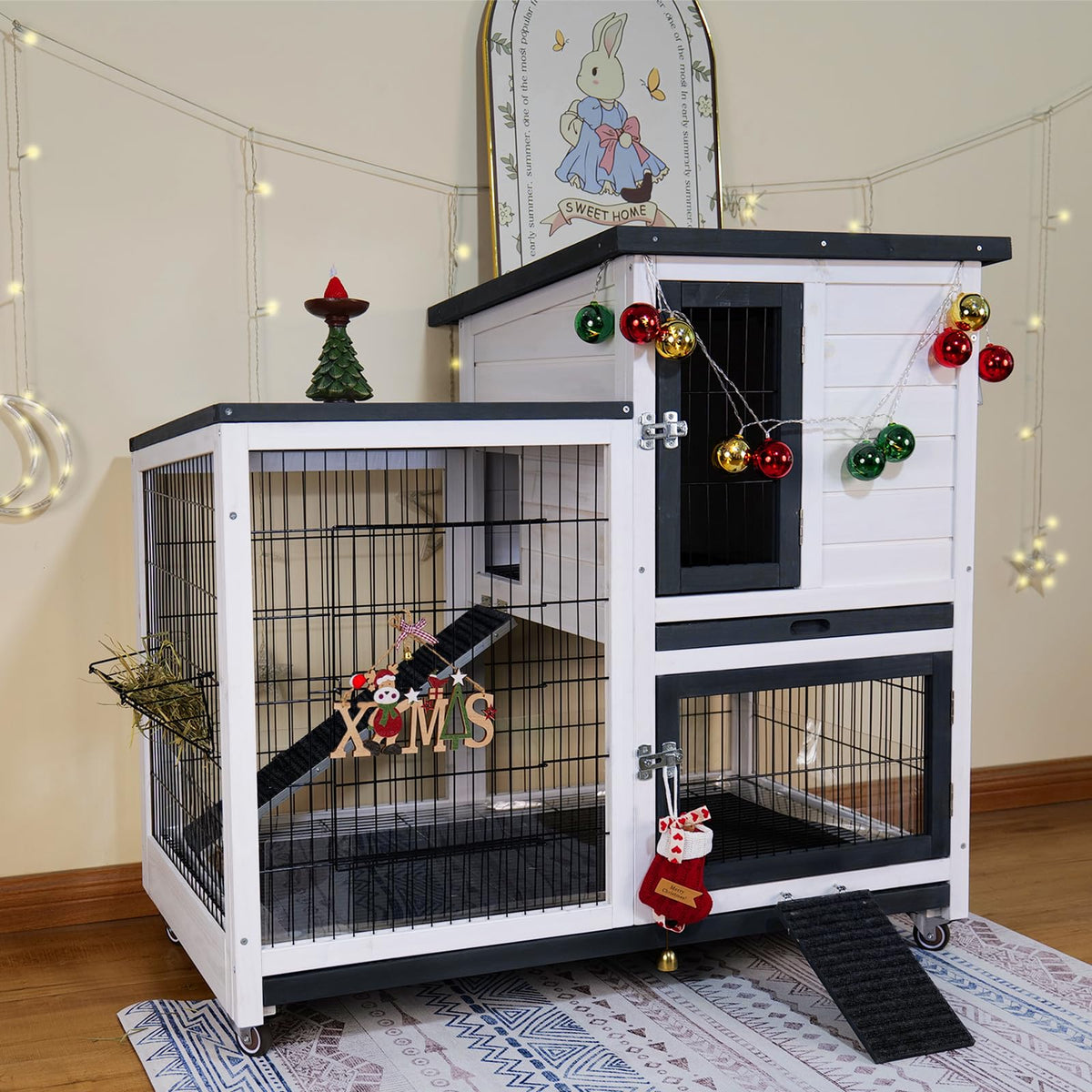 White Indoor Outdoor Rabbit Hutch with Tray R603