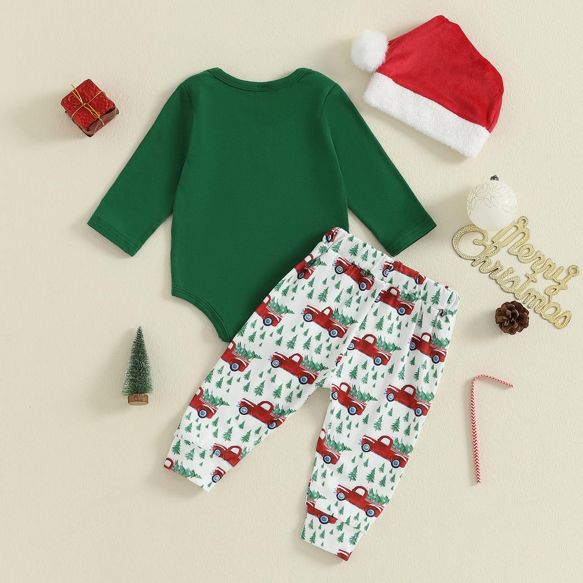 Christmas Baby Boy Long Sleeve Romper Onesie Pants Santa Hat A594