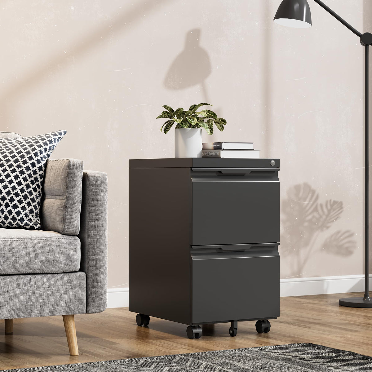 Black 2 Drawer Metal Rolling File Cabinet with Lock H6951