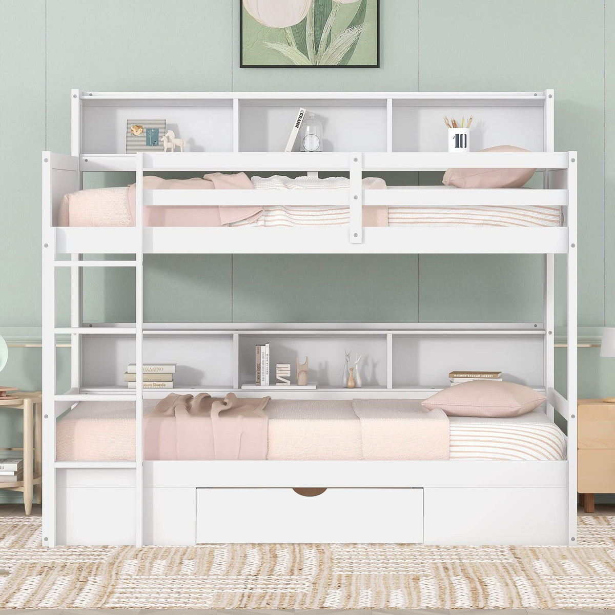 Twin Over Twin Wooden Bunk Bed with Shelves and Storage Drawer L6638