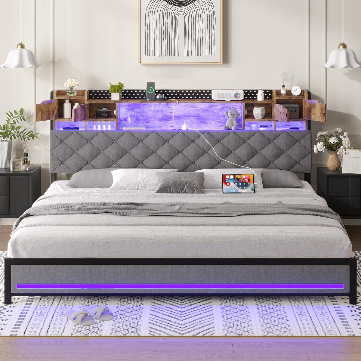 King Size Bed Frame with Storage & Upholstered Headboard M192849