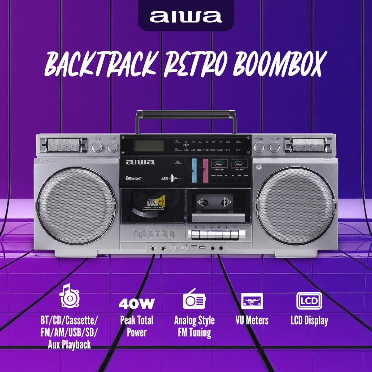 Retro Boombox CD Player with Cassette Recording, Bluetooth, FM/AM Radio, USB/SD/AUX Inputs, Dual 40W Speakers C159