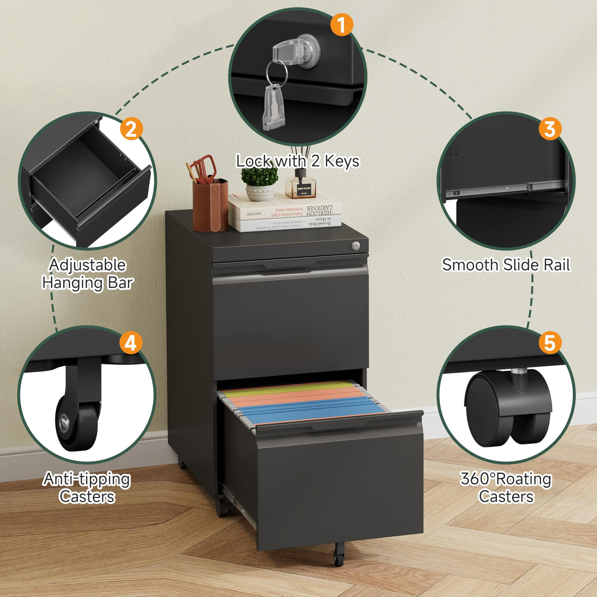 Black 2 Drawer Metal Rolling File Cabinet with Lock H6951