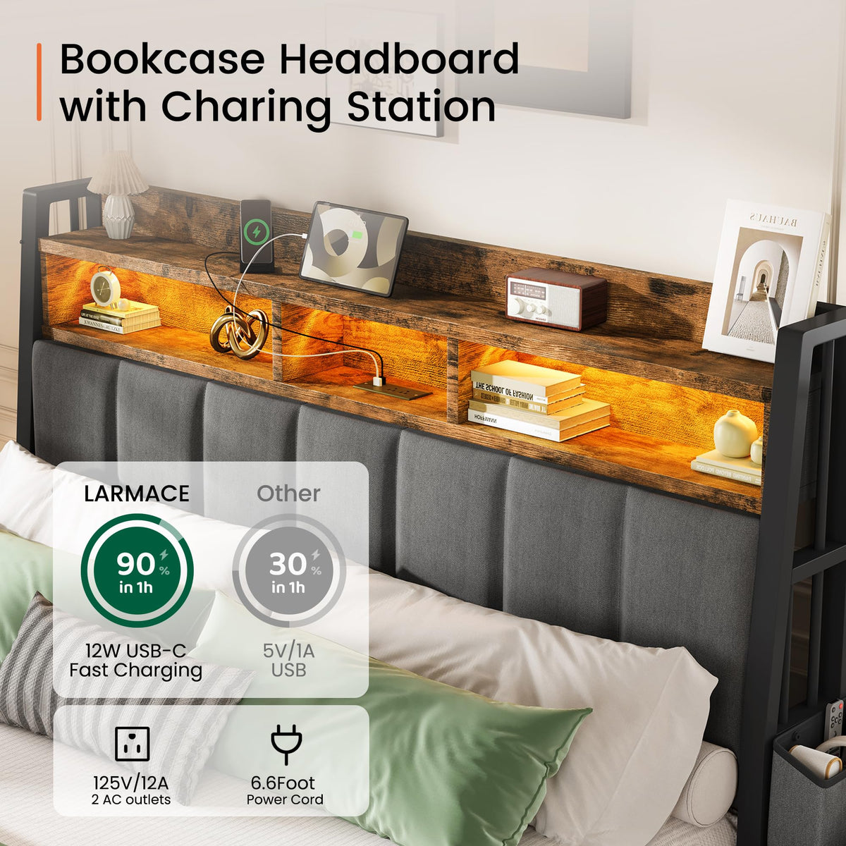 King Size Upholstered Bed Frame with 2 Storage Drawers and Charging Station T931