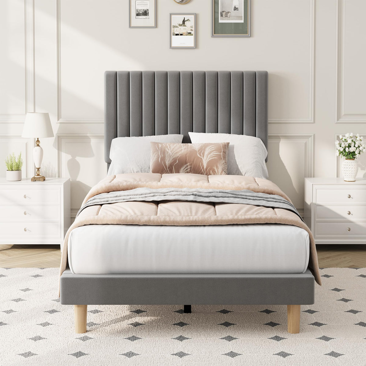 Twin Velvet Upholstered Platform Bed with Adjustable Headboard S1583
