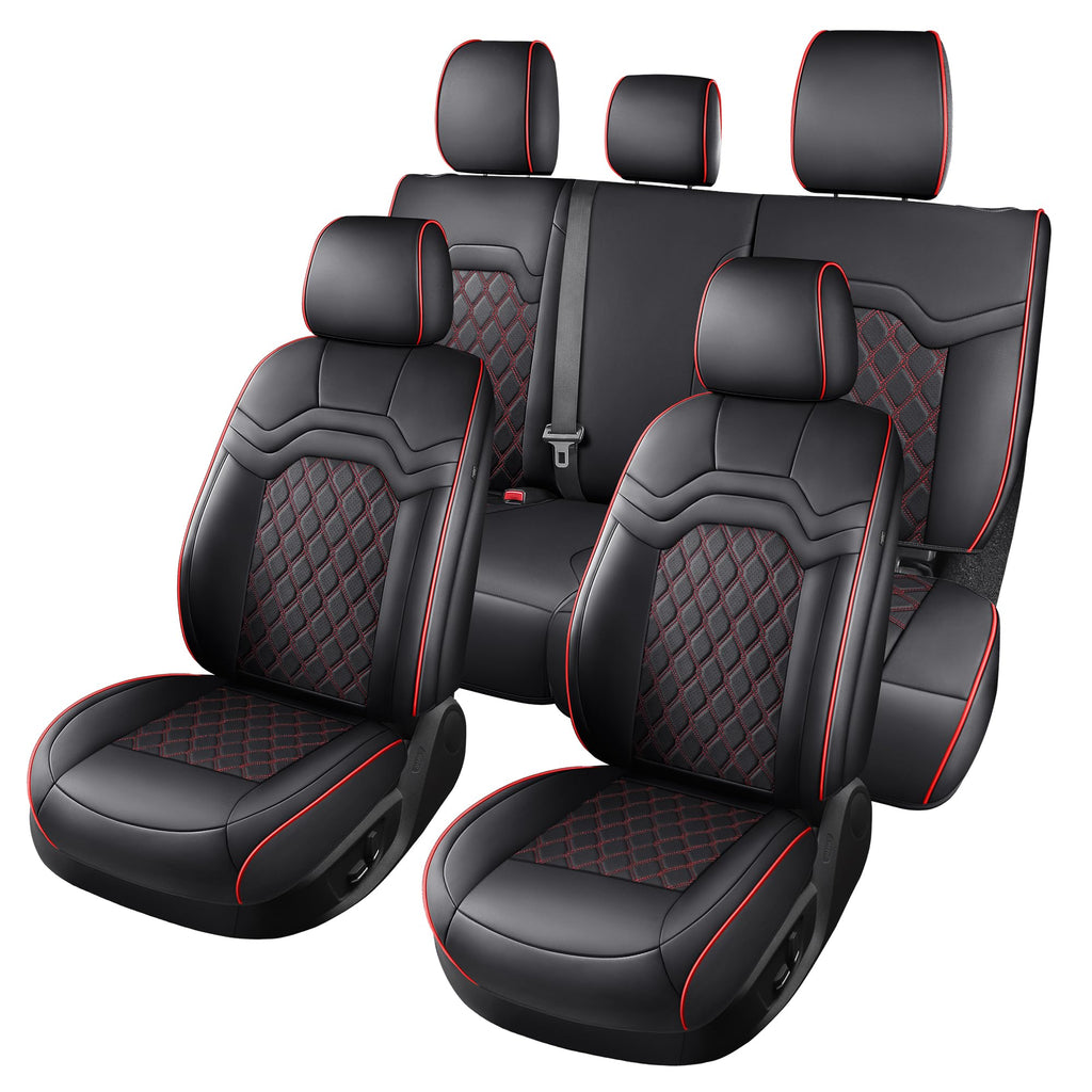 Waterproof Leather Seat Covers Full Set Black Red J462