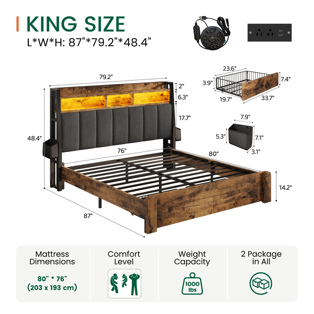 King Size Upholstered Bed Frame with 2 Storage Drawers and Charging Station T931