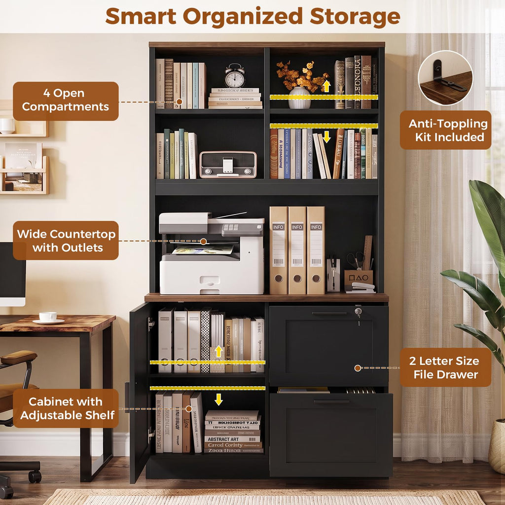 Black Vertical File Cabinet Bookcase with Printer Stand P64834