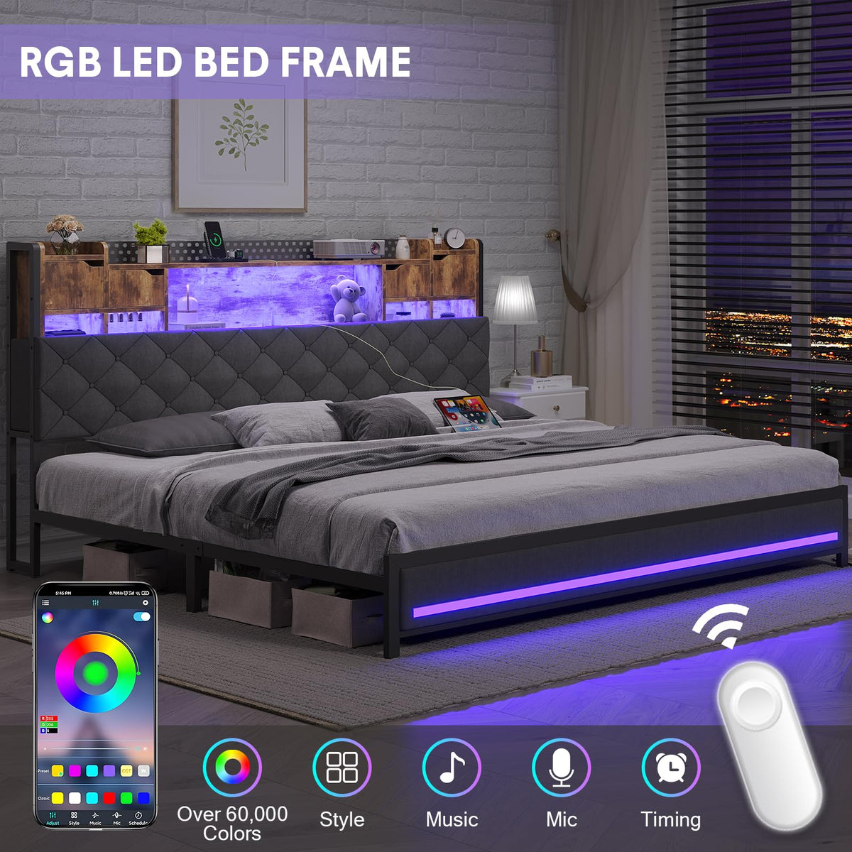 King Size Bed Frame with Storage & Upholstered Headboard M192849
