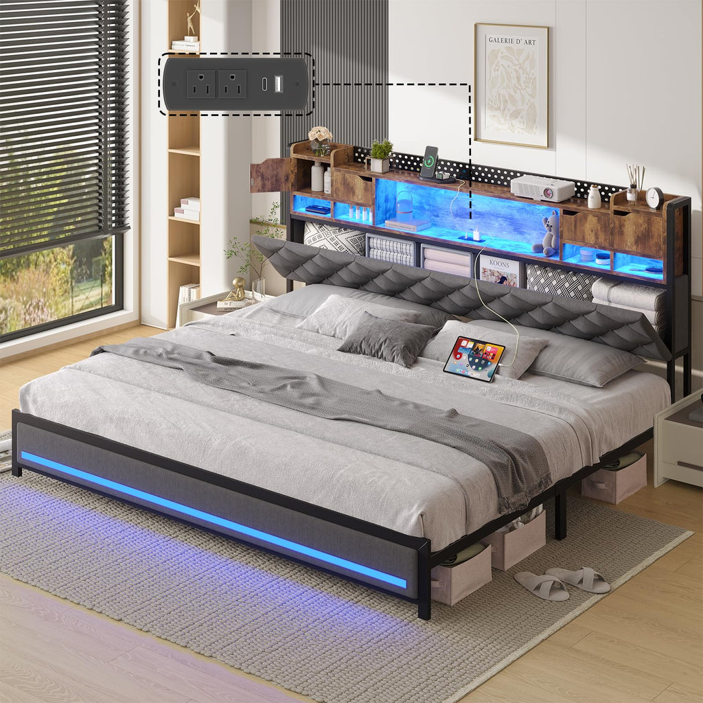 King Size Bed Frame with Storage & Upholstered Headboard M192849