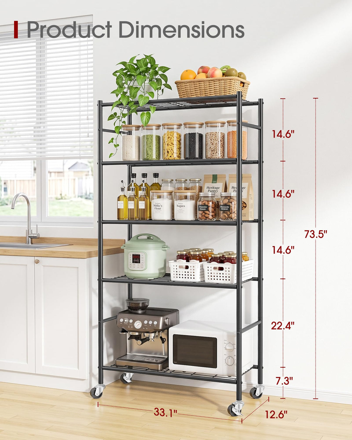 5-Tier Storage Shelves Black with Wheels L612