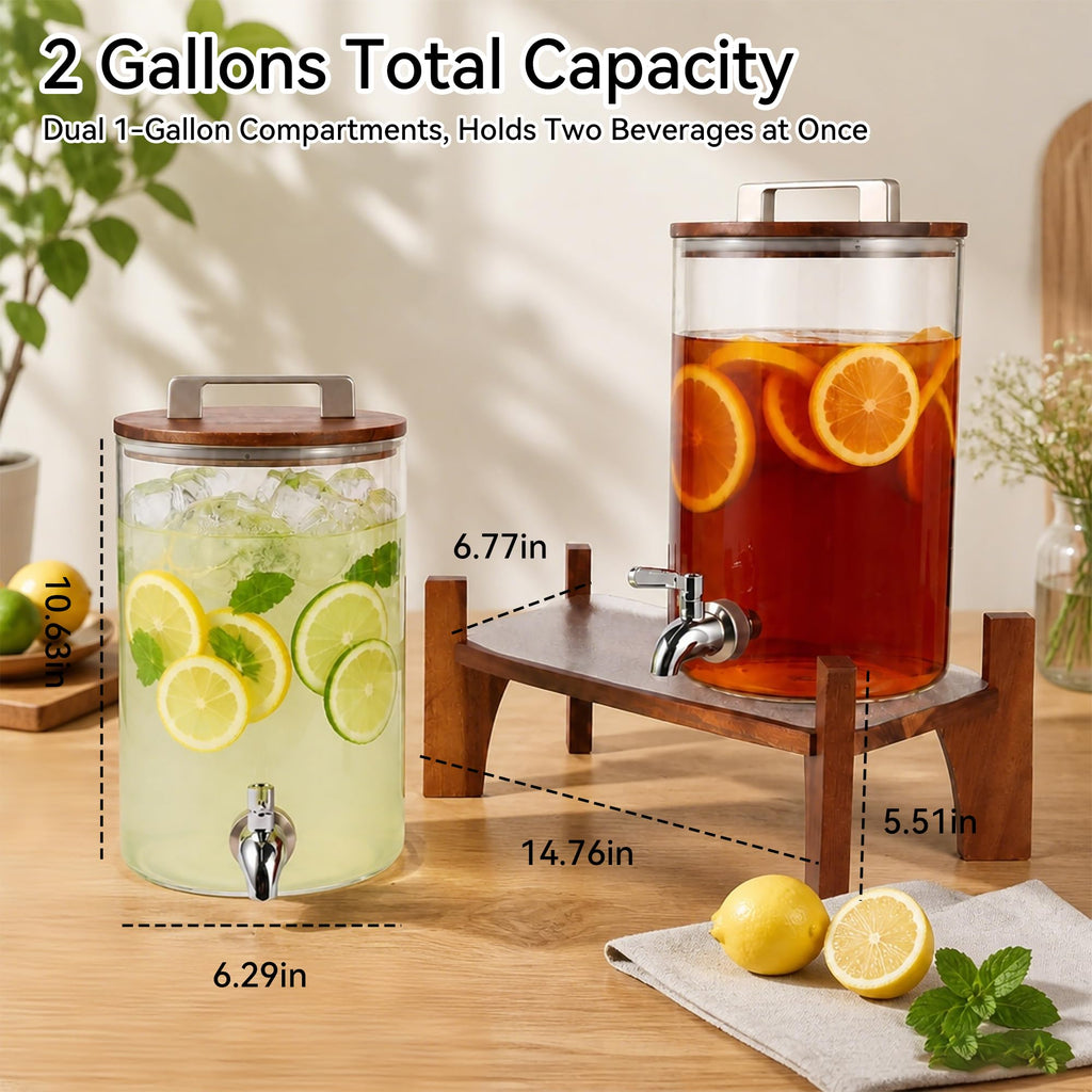 2 Pack 1 Gallon Glass Drink Dispensers with Acacia Wood Stand A4672