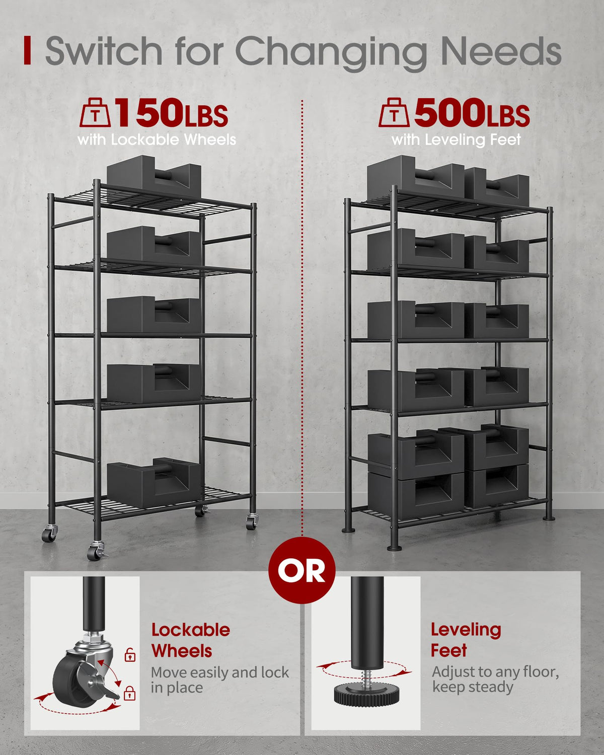 5-Tier Storage Shelves Black with Wheels L612