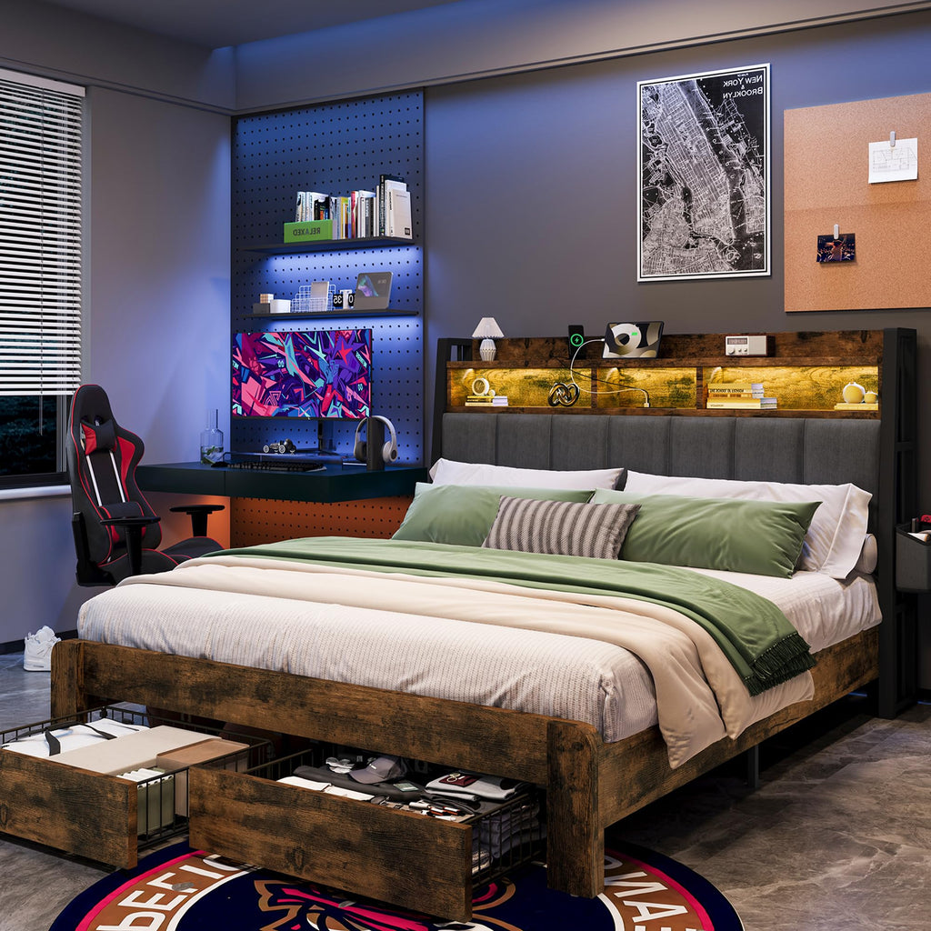 King Size Upholstered Bed Frame with 2 Storage Drawers and Charging Station T931