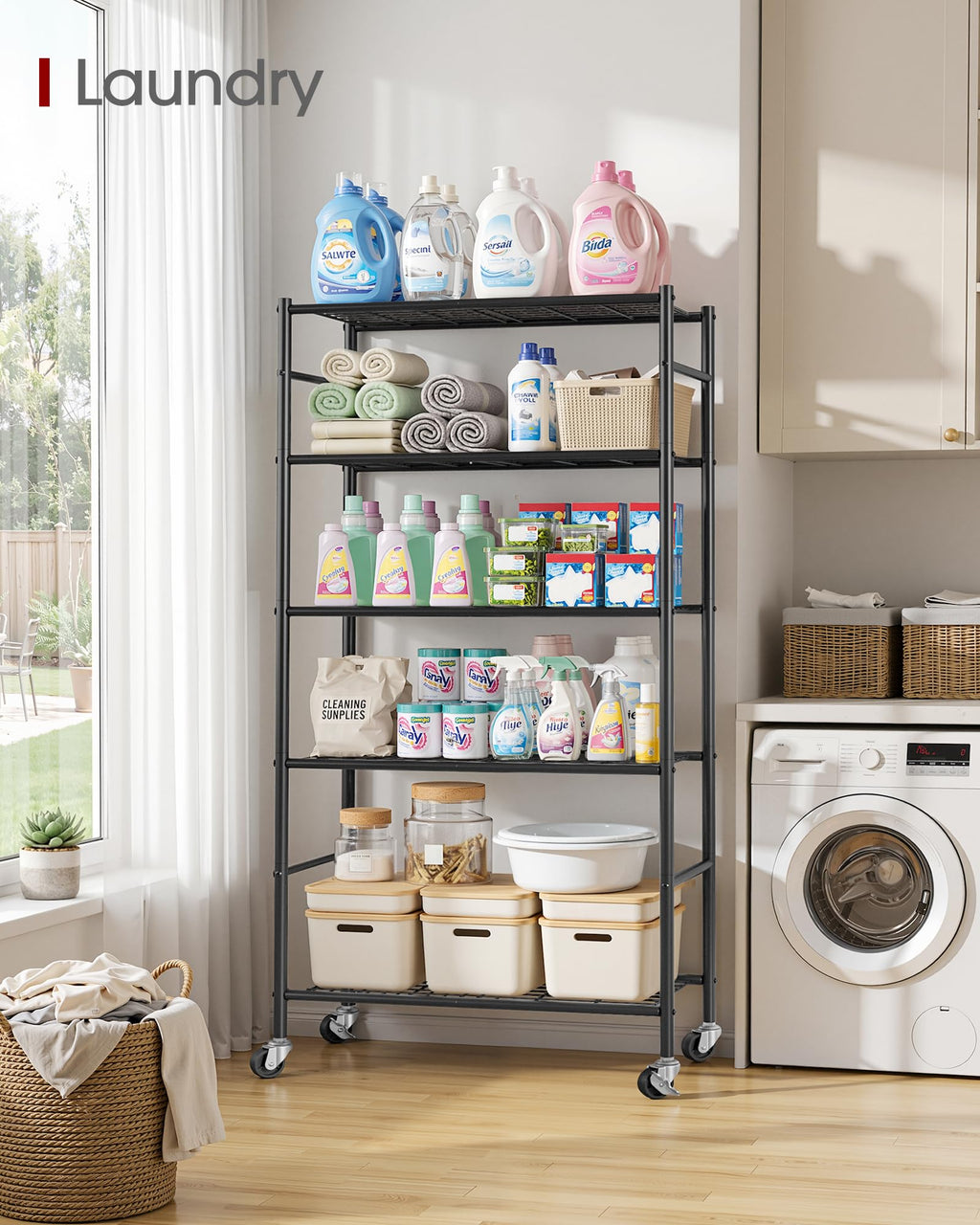 5-Tier Storage Shelves Black with Wheels L612