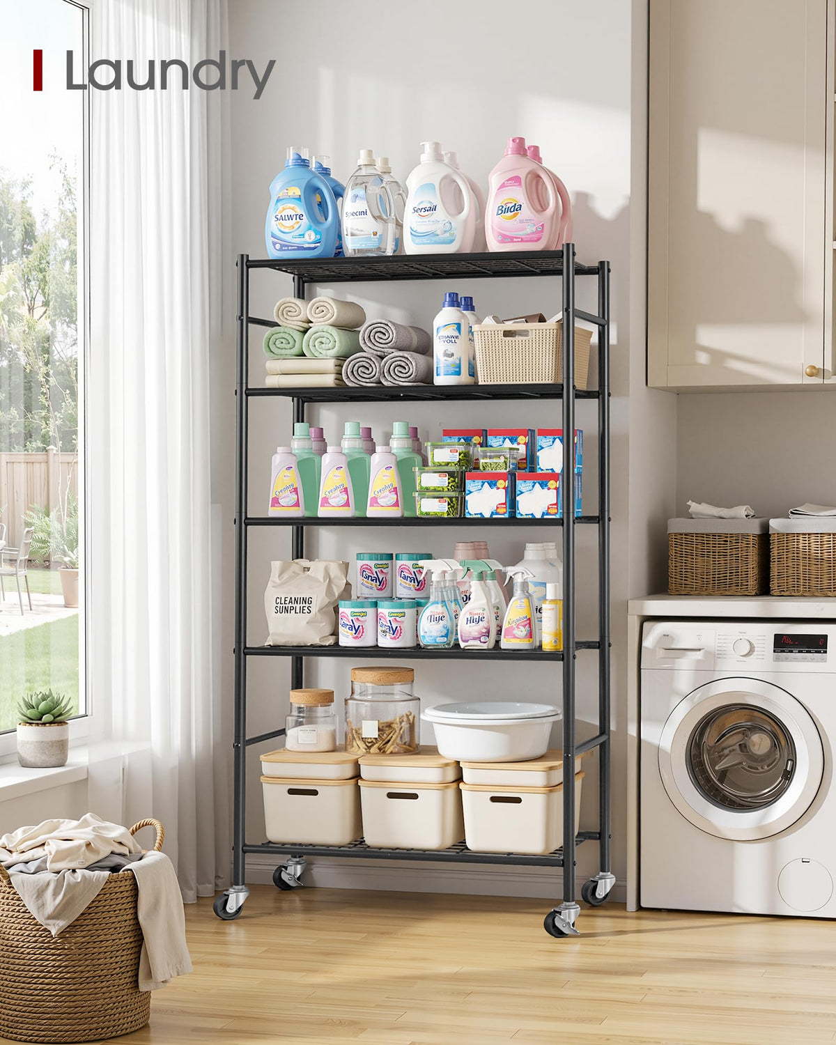 5-Tier Storage Shelves Black with Wheels L612