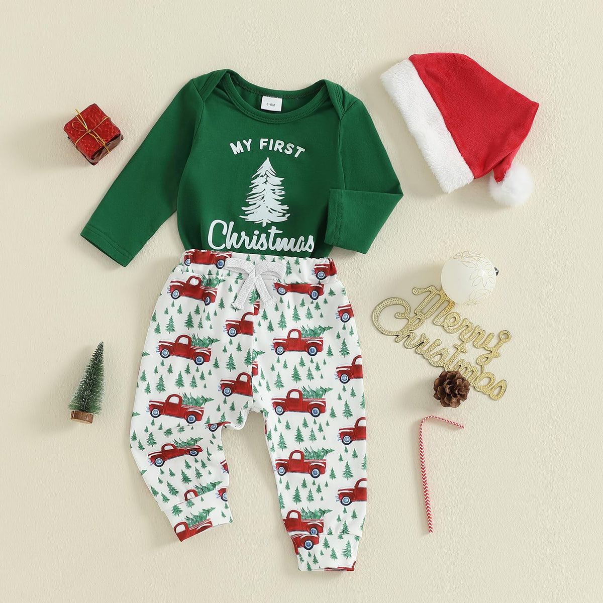 Christmas Baby Boy Long Sleeve Romper Onesie Pants Santa Hat A594