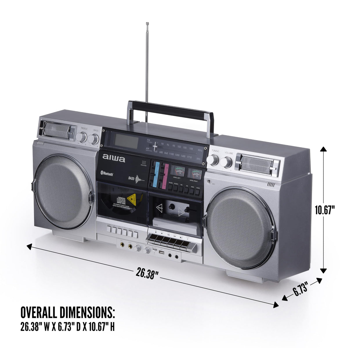 Retro Boombox CD Player with Cassette Recording, Bluetooth, FM/AM Radio, USB/SD/AUX Inputs, Dual 40W Speakers C159