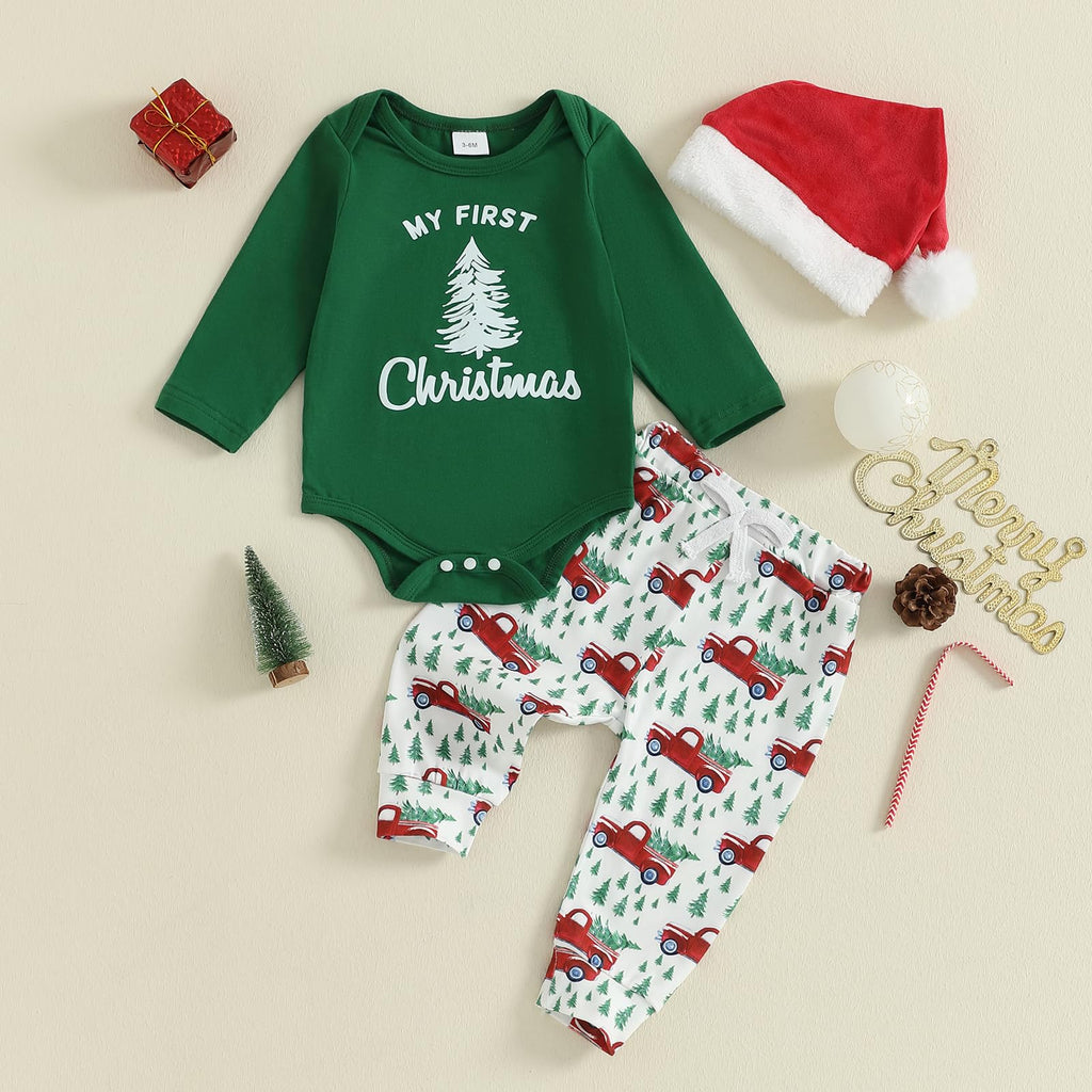 Christmas Baby Boy Long Sleeve Romper Onesie Pants Santa Hat A594