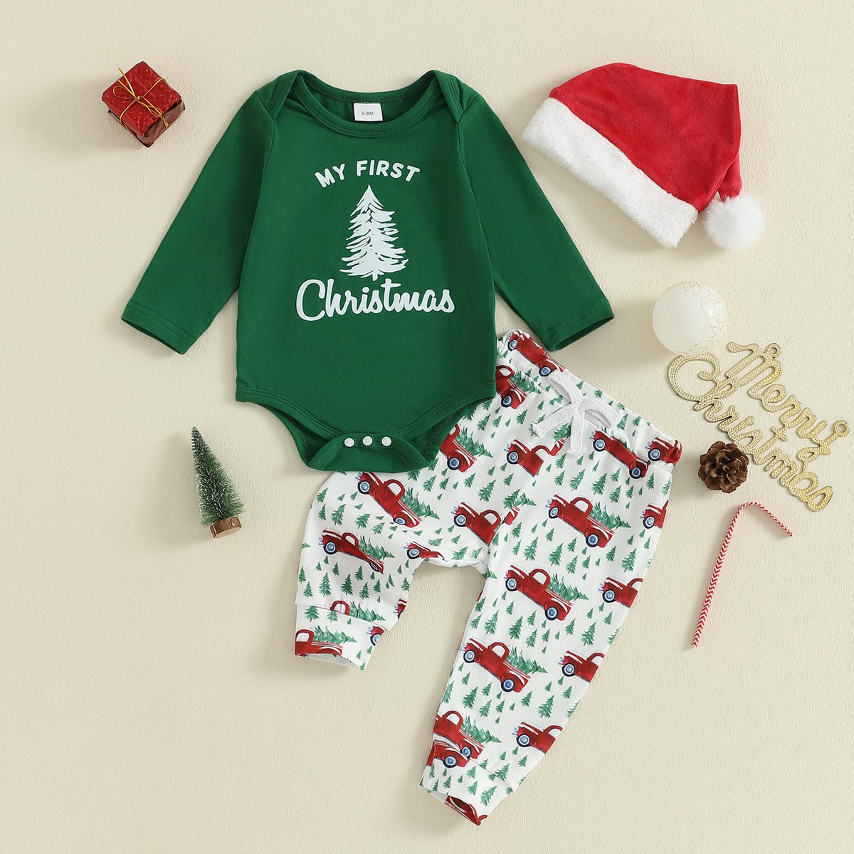 Christmas Baby Boy Long Sleeve Romper Onesie Pants Santa Hat A594