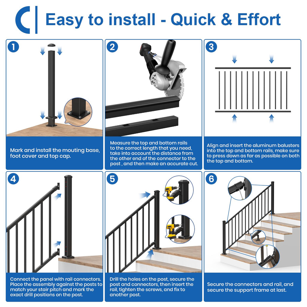 1 Pack 36 in. H x 6 ft. W Aluminum Stair Railing Kit with Post H248528