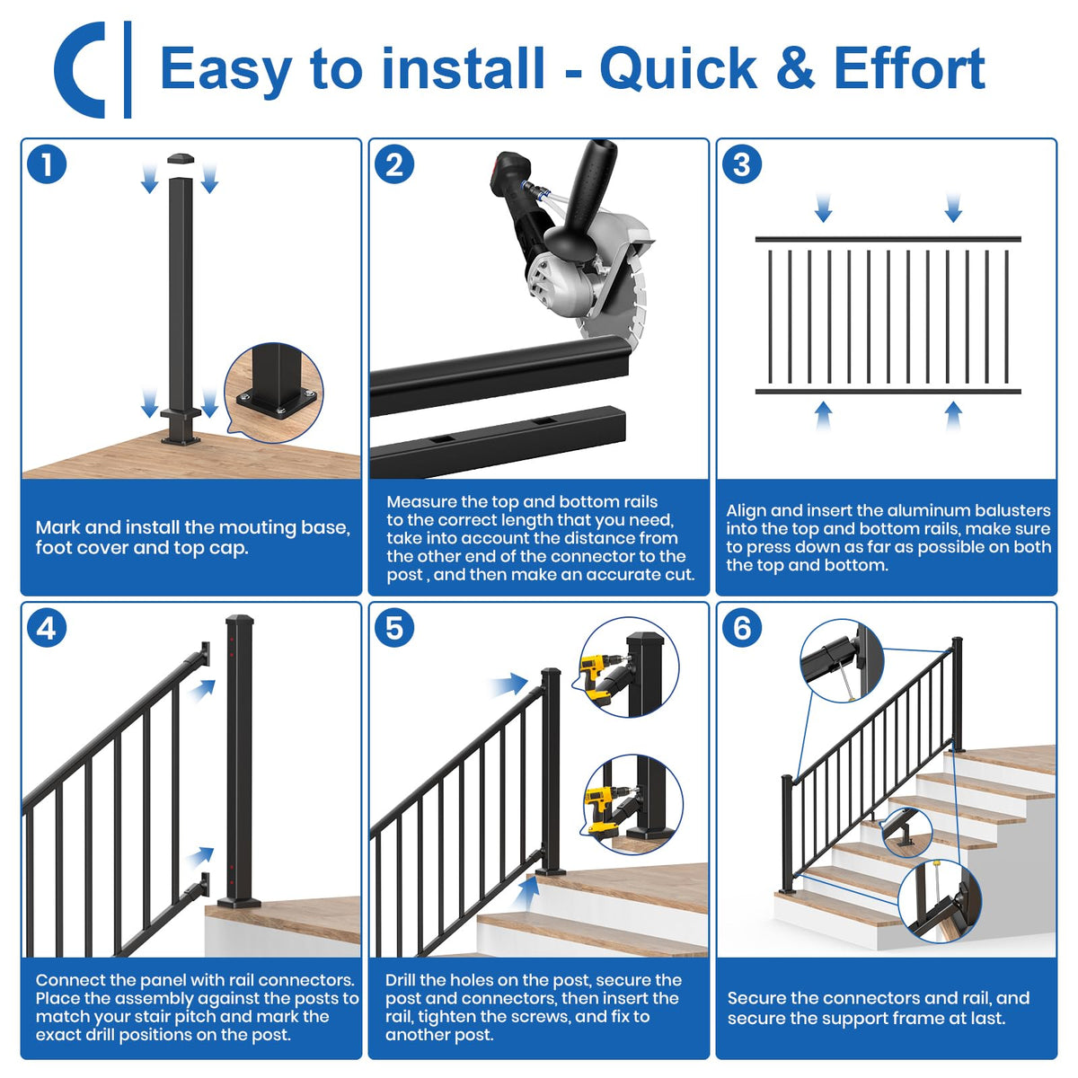 1 Pack 36 in. H x 6 ft. W Aluminum Stair Railing Kit with Post H248528