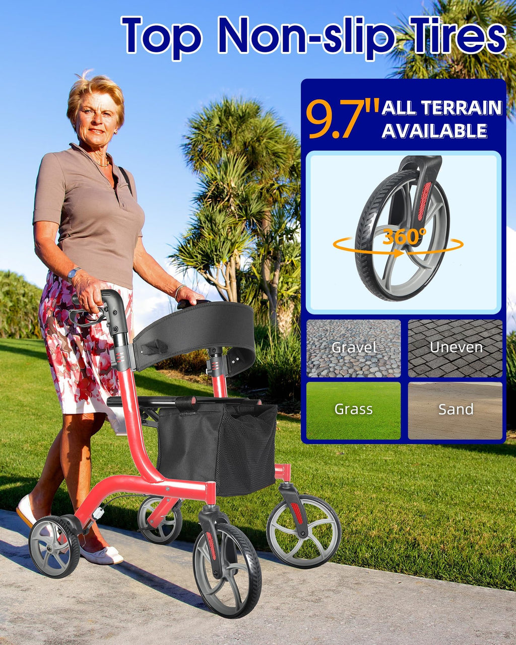 Foldable Rollator Walker with Seat, 19 lbs Lightweight, 10-Inch Wheels A340854