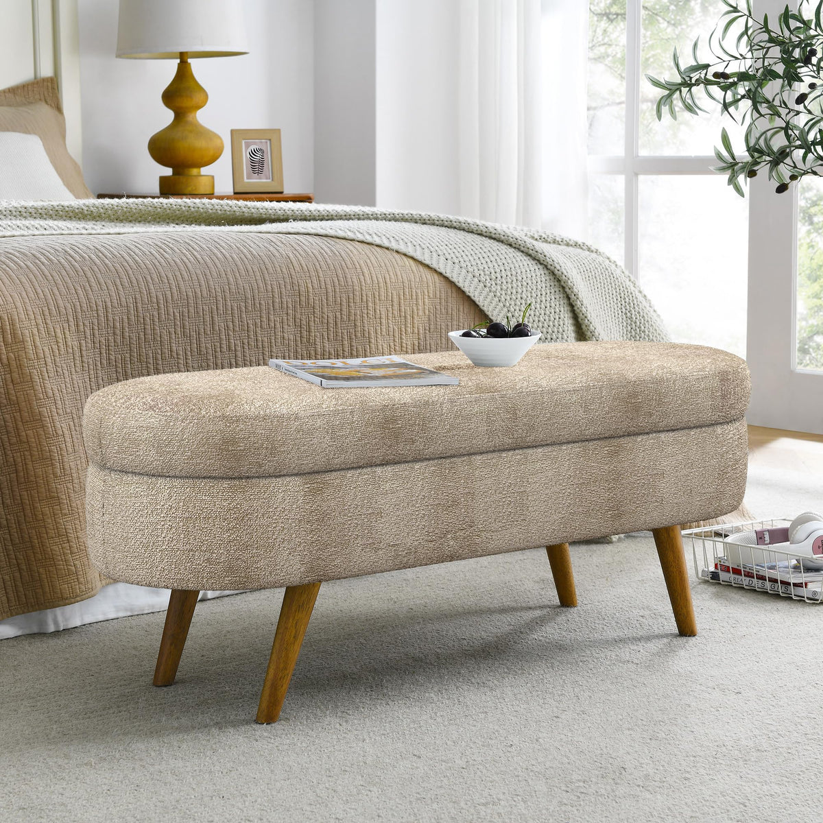 Oval Storage Bench with Rubber Wood Legs Gray W149927