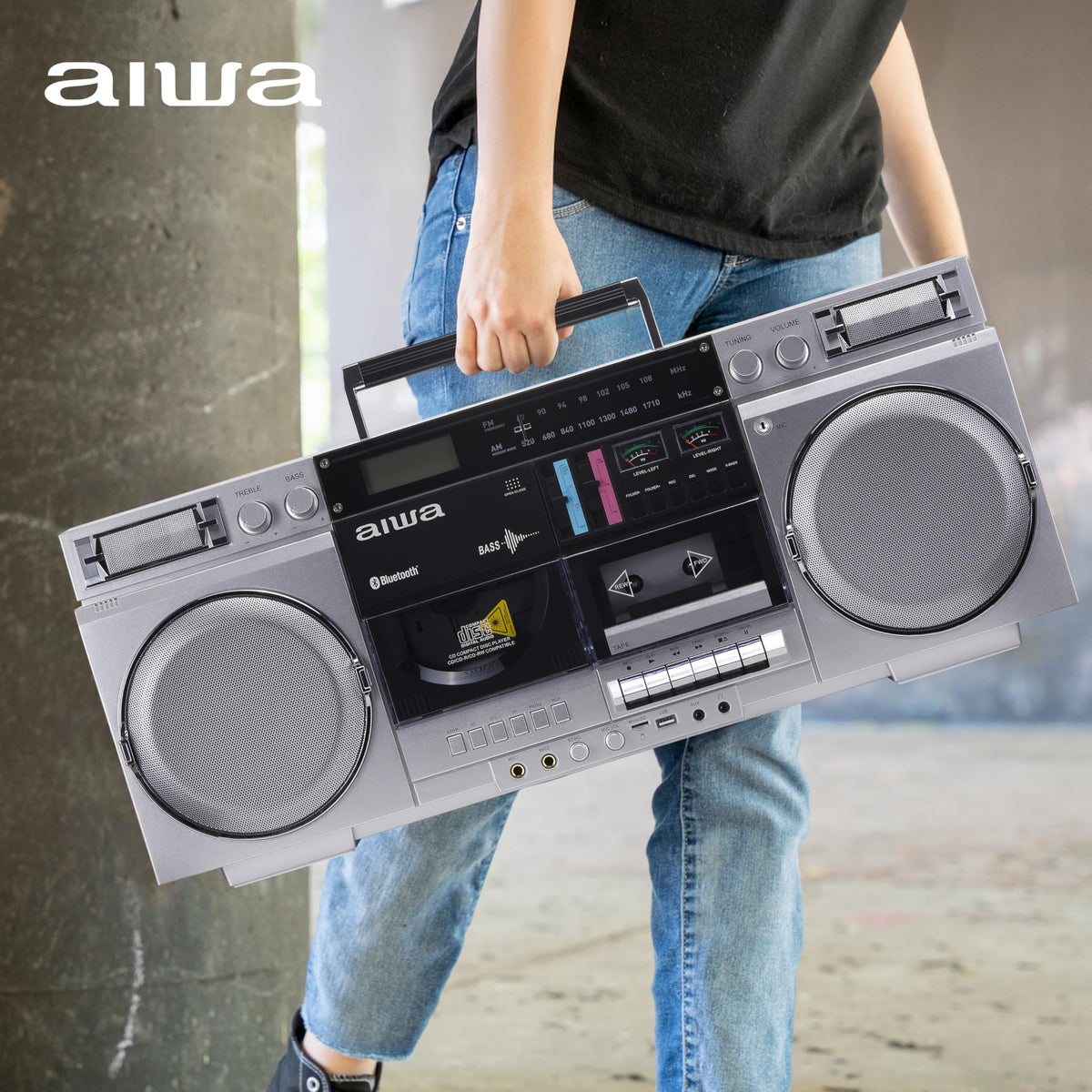 Retro Boombox CD Player with Cassette Recording, Bluetooth, FM/AM Radio, USB/SD/AUX Inputs, Dual 40W Speakers C159