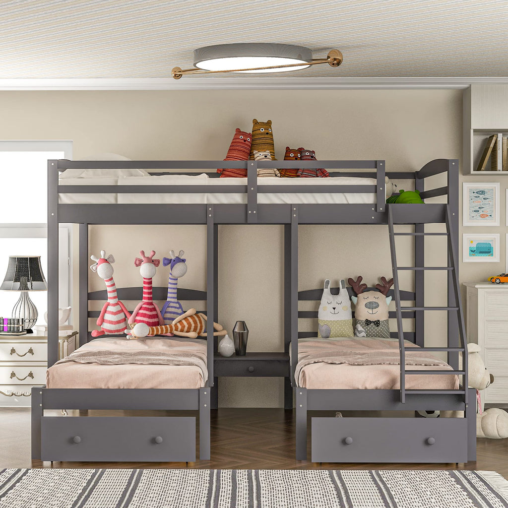 Full Over 2 Twin Wood Triple Bunk Bed with 3 Drawers and Guardrails Y42065