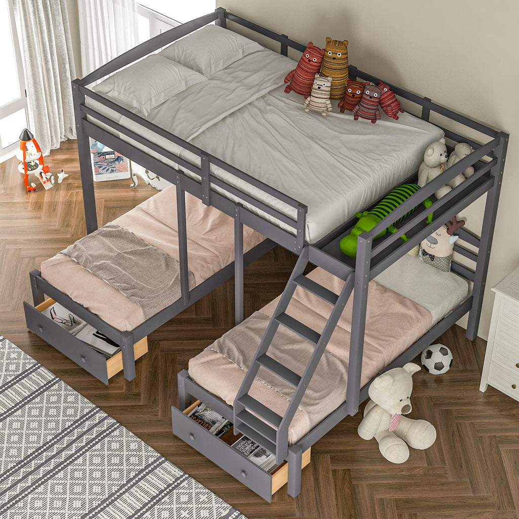 Full Over 2 Twin Wood Triple Bunk Bed with 3 Drawers and Guardrails Y42065