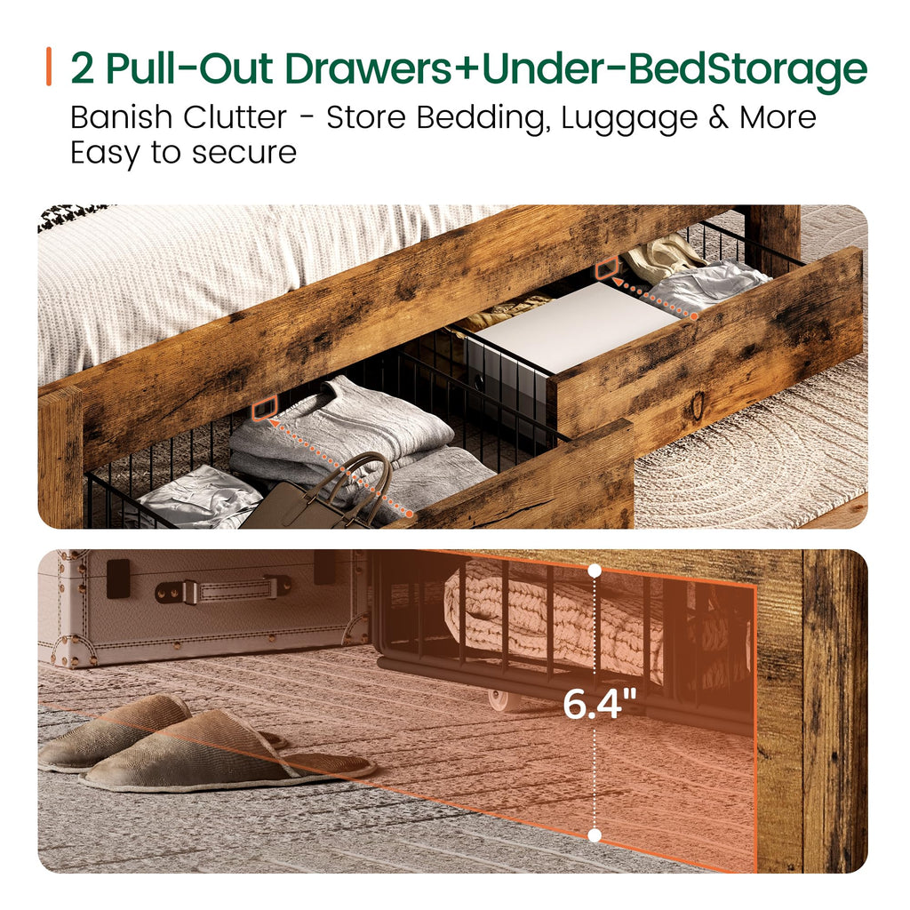 King Size Upholstered Bed Frame with 2 Storage Drawers and Charging Station T931
