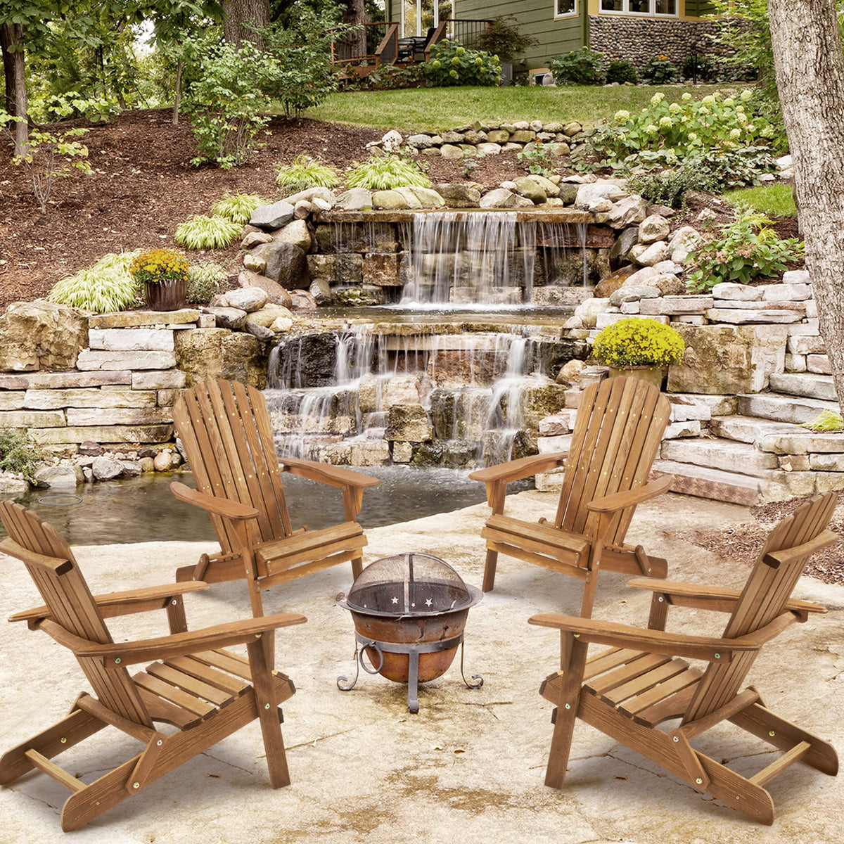 Wooden Folding Adirondack Chair Set of 2 Solid Cedar Light Brown V1053