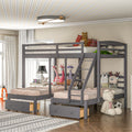 Full Over 2 Twin Wood Triple Bunk Bed with 3 Drawers and Guardrails Y42065