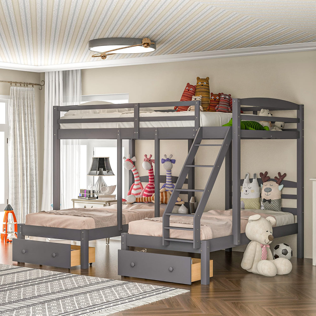 Full Over 2 Twin Wood Triple Bunk Bed with 3 Drawers and Guardrails Y42065