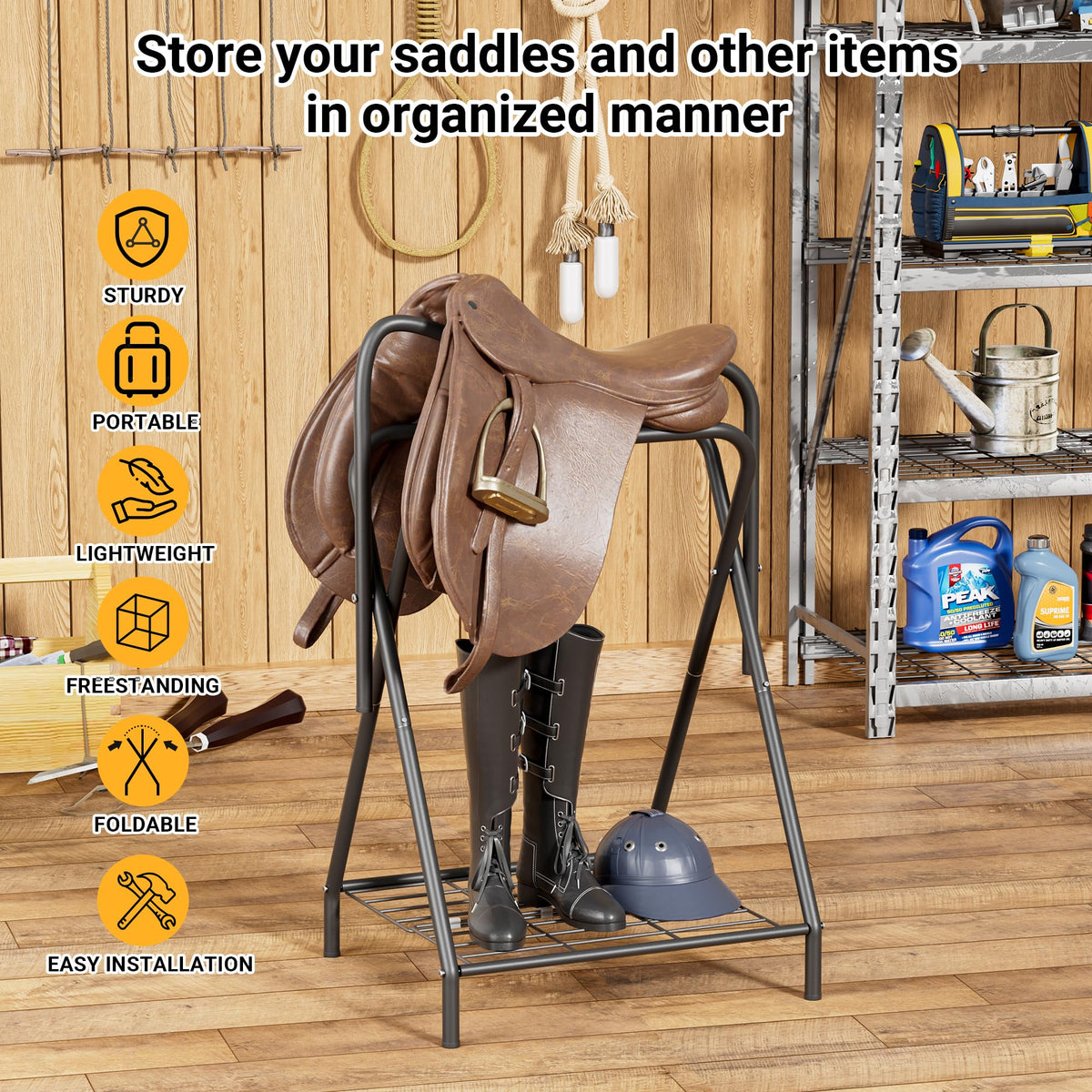 Foldable Saddle Rack with Storage Shelf, Black C31059