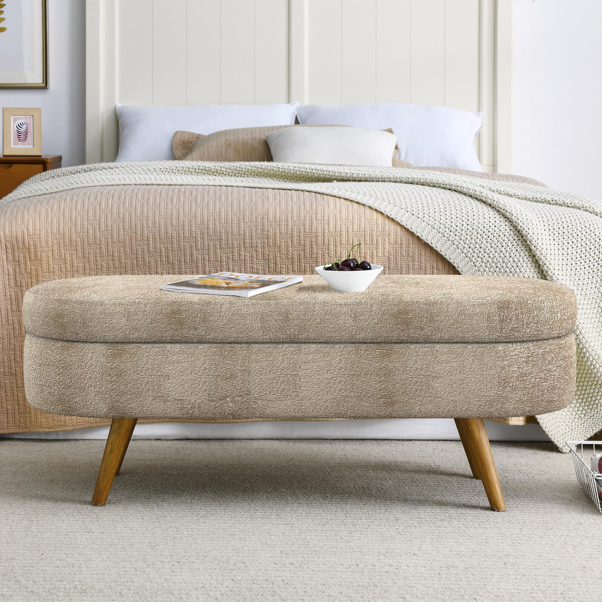 Oval Storage Bench with Rubber Wood Legs Gray W149927