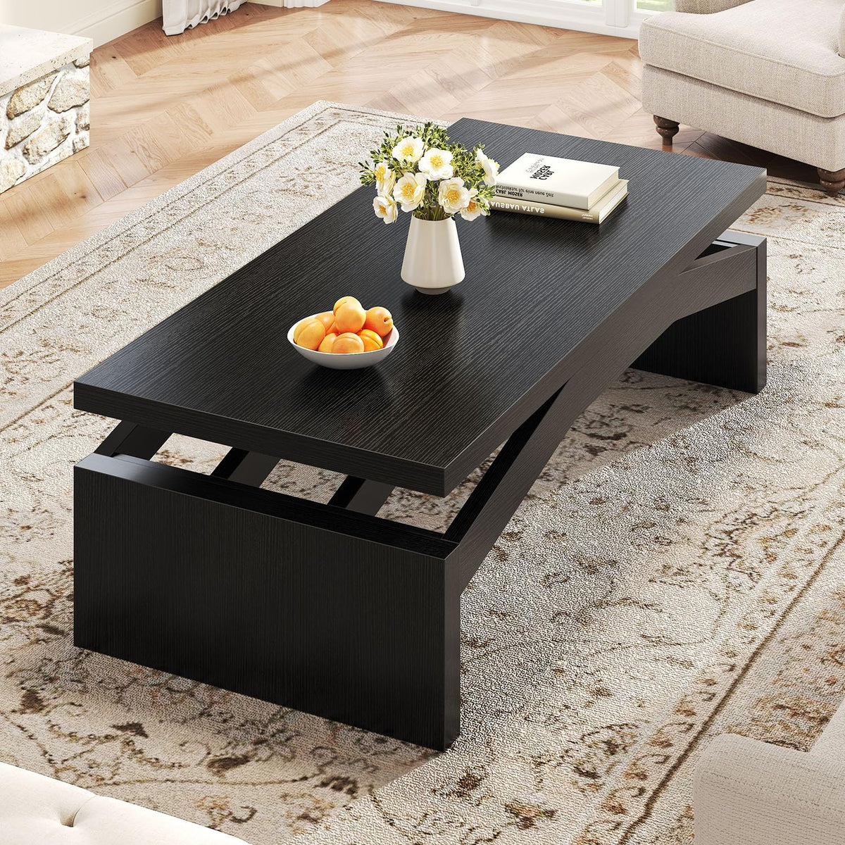 47 Inch Black Oak Wood Coffee Table J3025