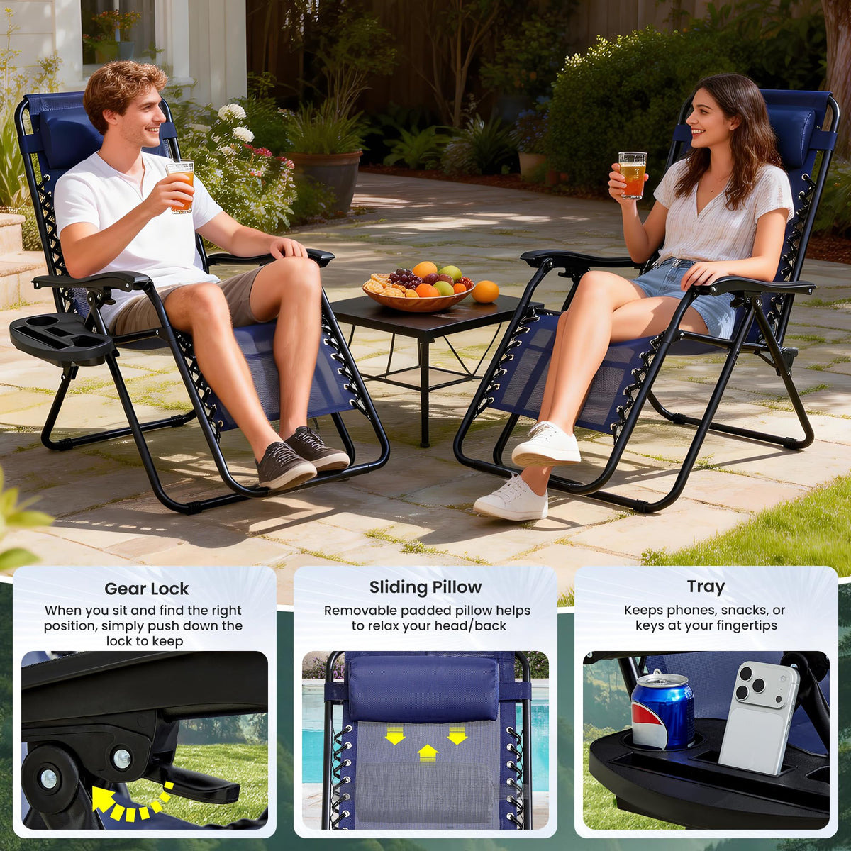 Blue 2-Pack Zero Gravity Lounge Chair with Cup Tray C9772