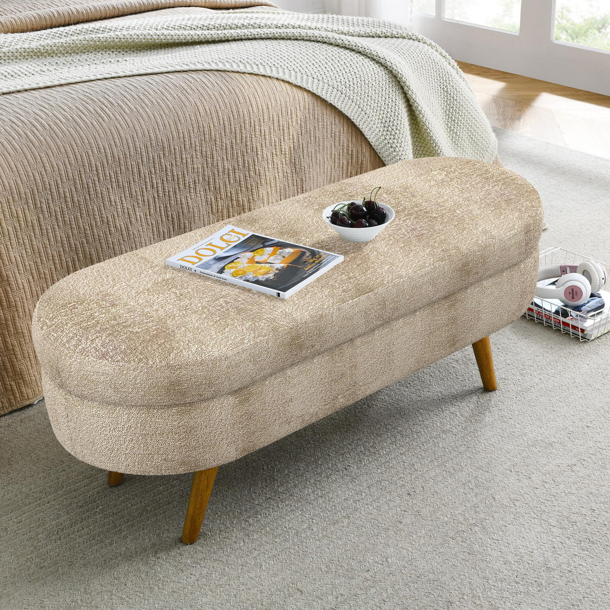 Oval Storage Bench with Rubber Wood Legs Gray W149927
